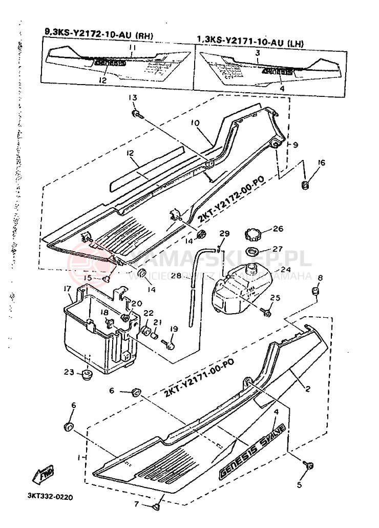 Schemat "Owiewki, pola numer., zb. oleju" do Yamaha FZ750 GENESIS
