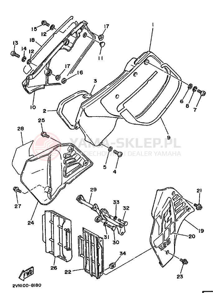 Schemat "Owiewki, pola numer., zb. oleju" do Yamaha YZ125
