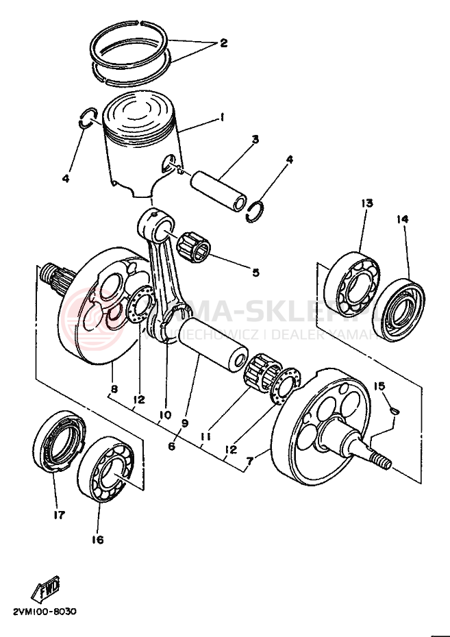 Schemat "Wał korbowy, tłok" do Yamaha YZ250