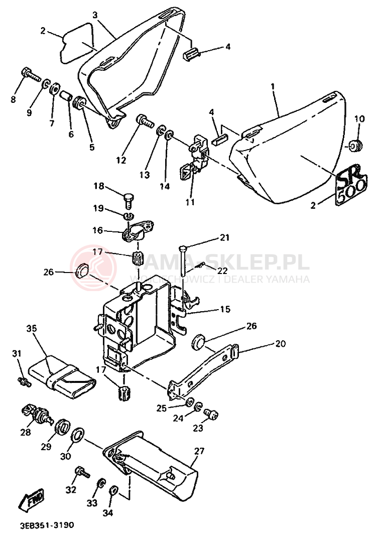 Schemat "Owiewki, pola numer., zb. oleju" do Yamaha SR500