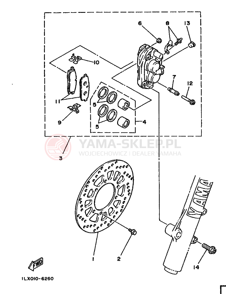 Schemat "Zacisk hamulcowy + tarcza przód" do Yamaha YZ125S