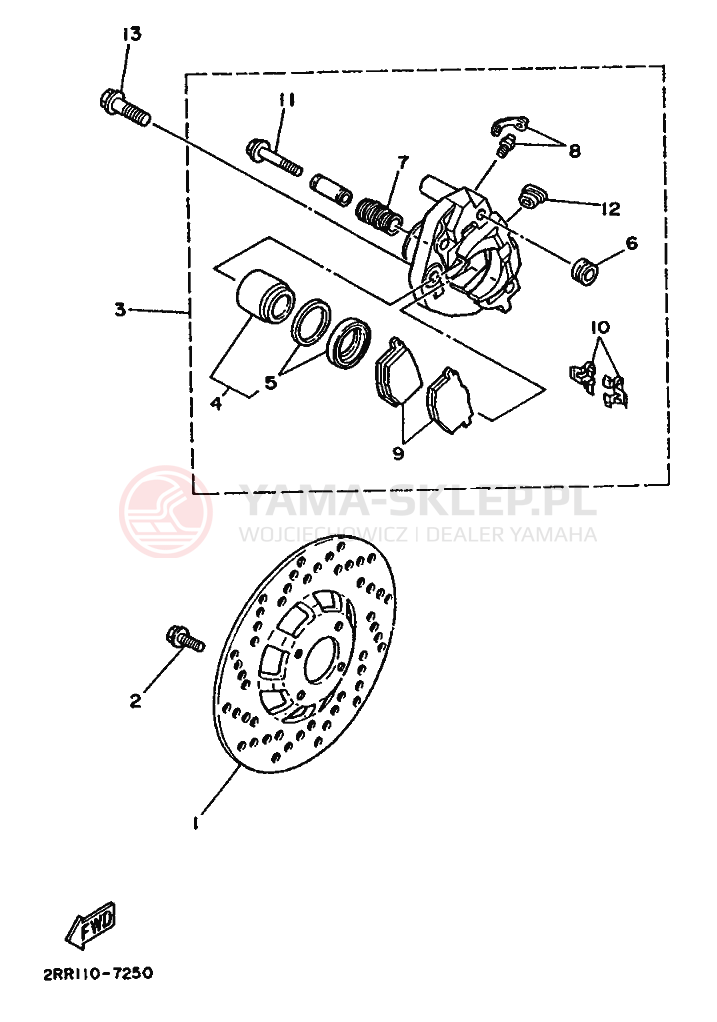 Schemat "Zacisk hamulcowy + tarcza przód" do Yamaha YSR80 YSR80B