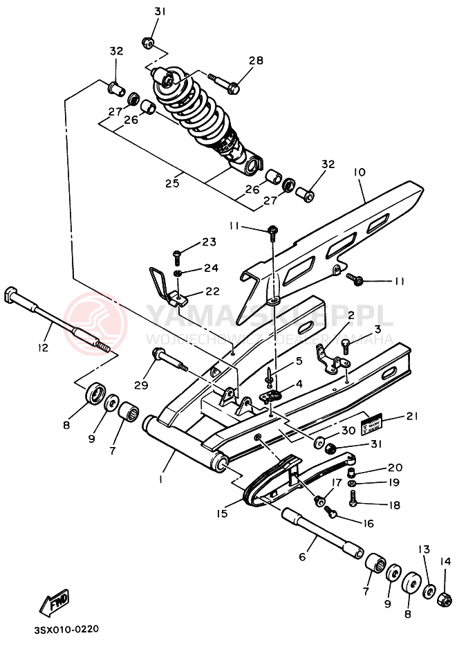 Schemat "wahacz, zawieszenie tył" do Yamaha SRX400