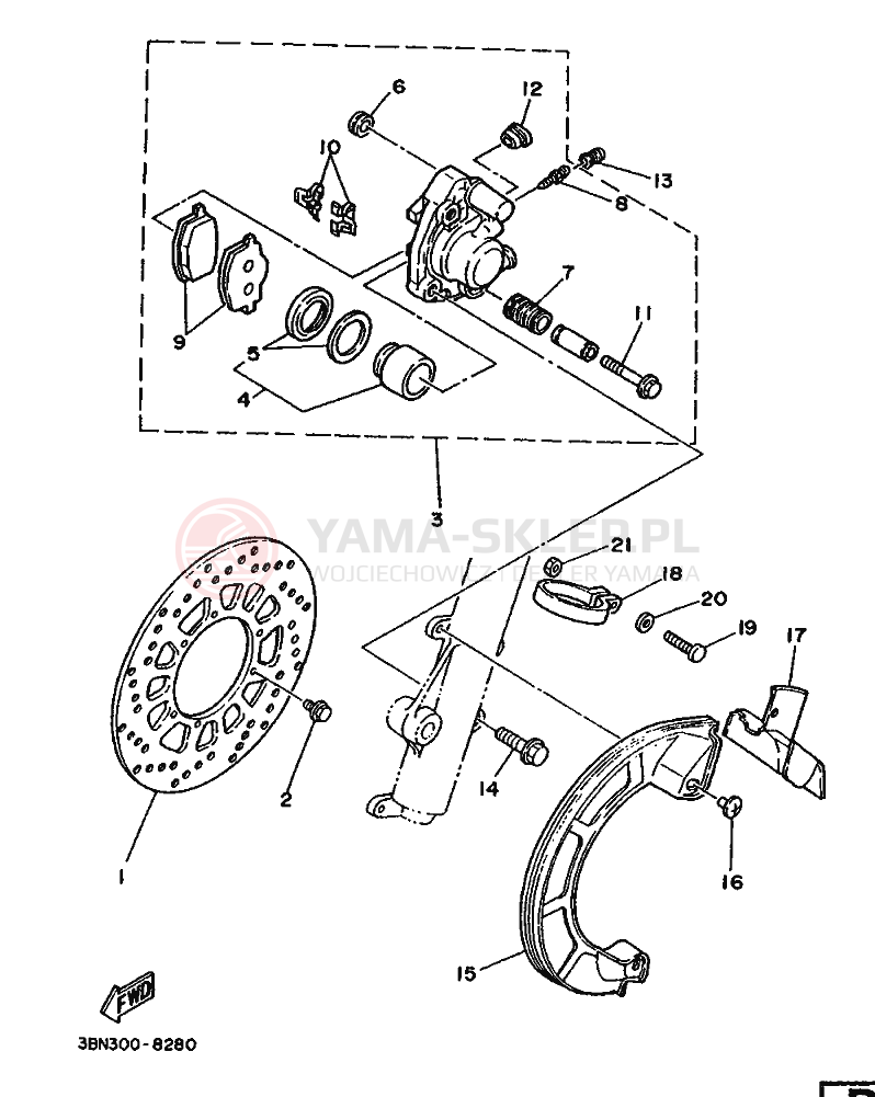 Schemat "Zacisk hamulcowy + tarcza przód" do Yamaha DT125R