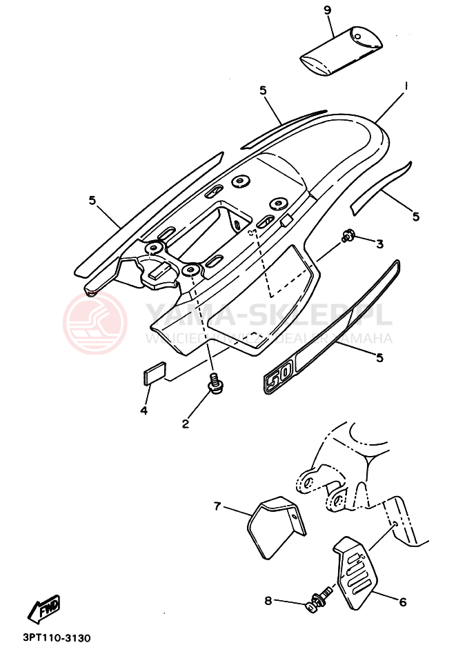 Schemat "Owiewki, pola numer., zb. oleju" do Yamaha PW50