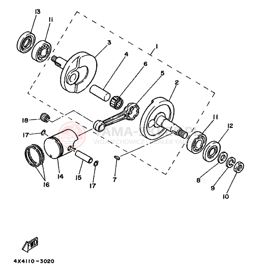 Schemat "Wał korbowy, tłok" do Yamaha PW50S