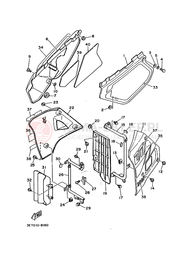 Schemat "Owiewki, pola numer., zb. oleju" do Yamaha DT200R