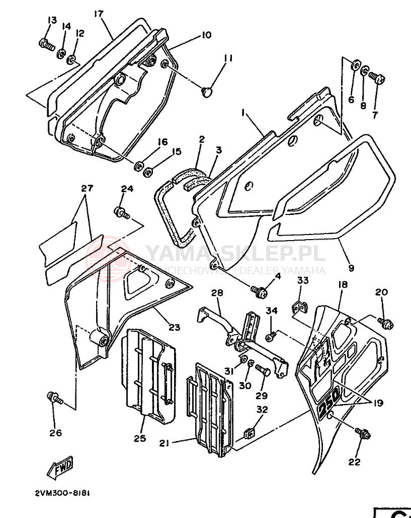 Schemat "Owiewki, pola numer., zb. oleju" do Yamaha YZ250