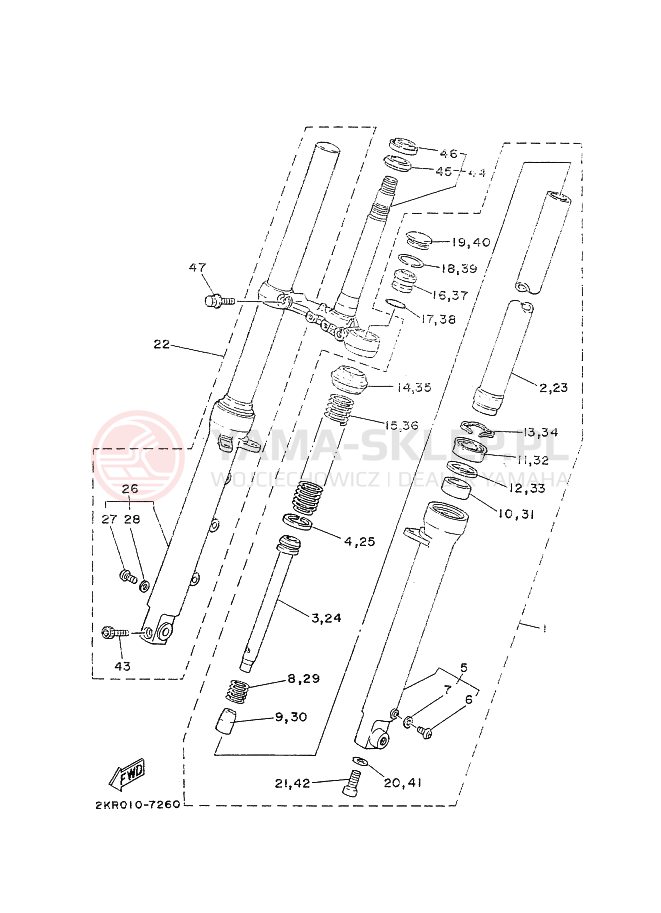 Schemat "Amortyzatory przód" do Yamaha FZR250