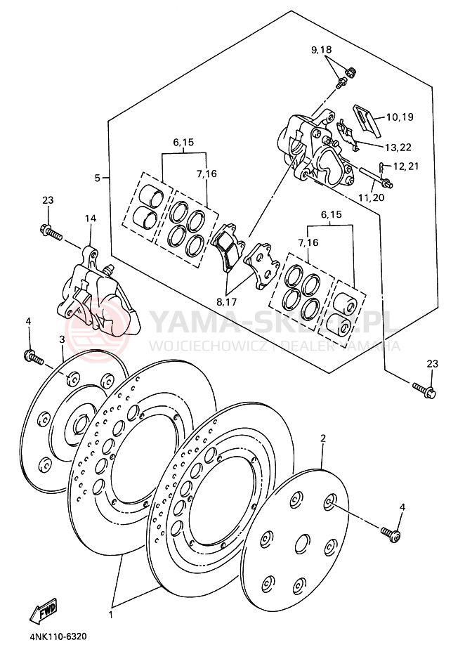 Schemat "Zacisk hamulcowy + tarcza przód" do Yamaha XVZ1300A ROYALSTAR