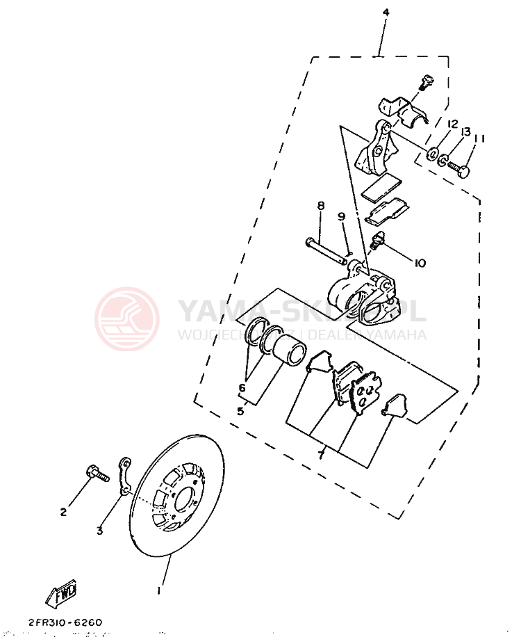 Schemat "Zacisk hamulcowy + tarcza przód" do Yamaha RD50M