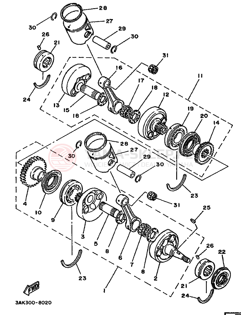 Schemat "Wał korbowy, tłok" do Yamaha TZ250