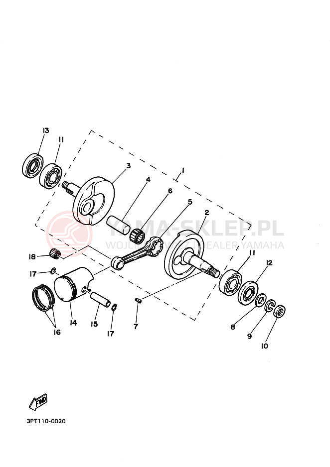 Schemat "Wał korbowy, tłok" do Yamaha PW50