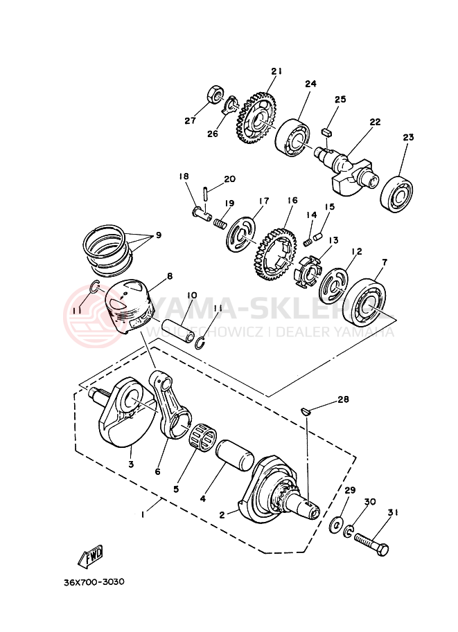 Schemat "Wał korbowy, tłok" do Yamaha AG200