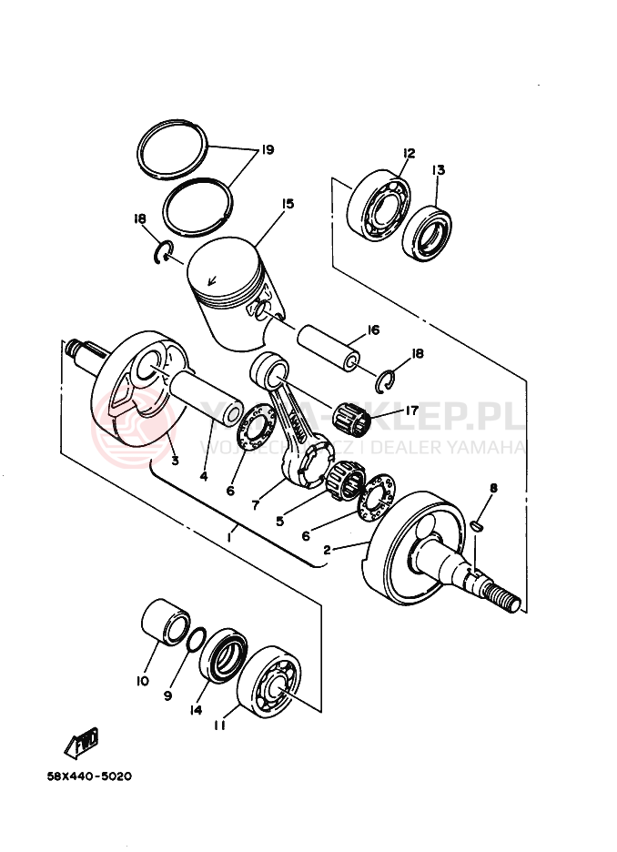 Schemat "Wał korbowy, tłok" do Yamaha RX100