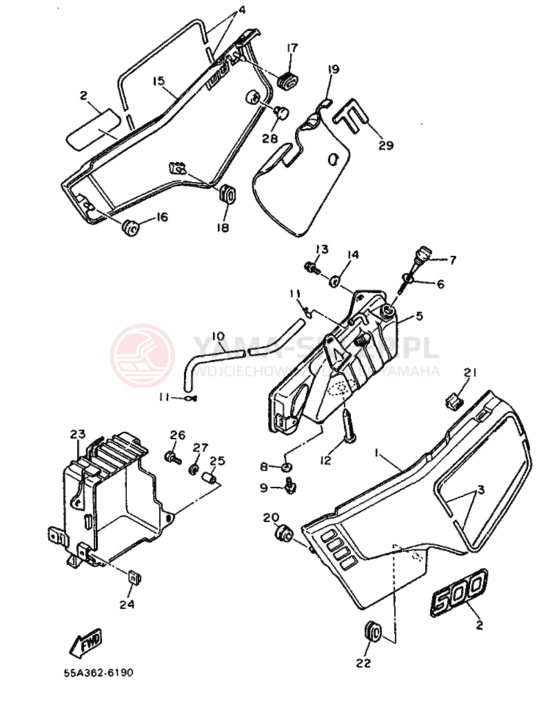 Schemat "Owiewki, pola numer., zb. oleju" do Yamaha XT500L