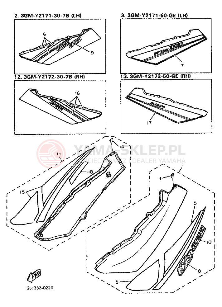 Schemat "Owiewki, pola numer., zb. oleju" do Yamaha FZR1000