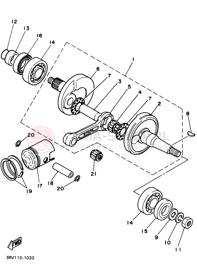 Schemat "Wał korbowy, tłok" do Yamaha PW80