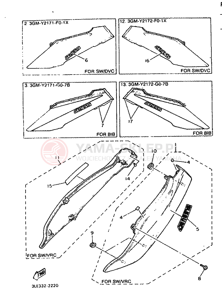 Schemat "Owiewki, pola numer., zb. oleju" do Yamaha FZR1000