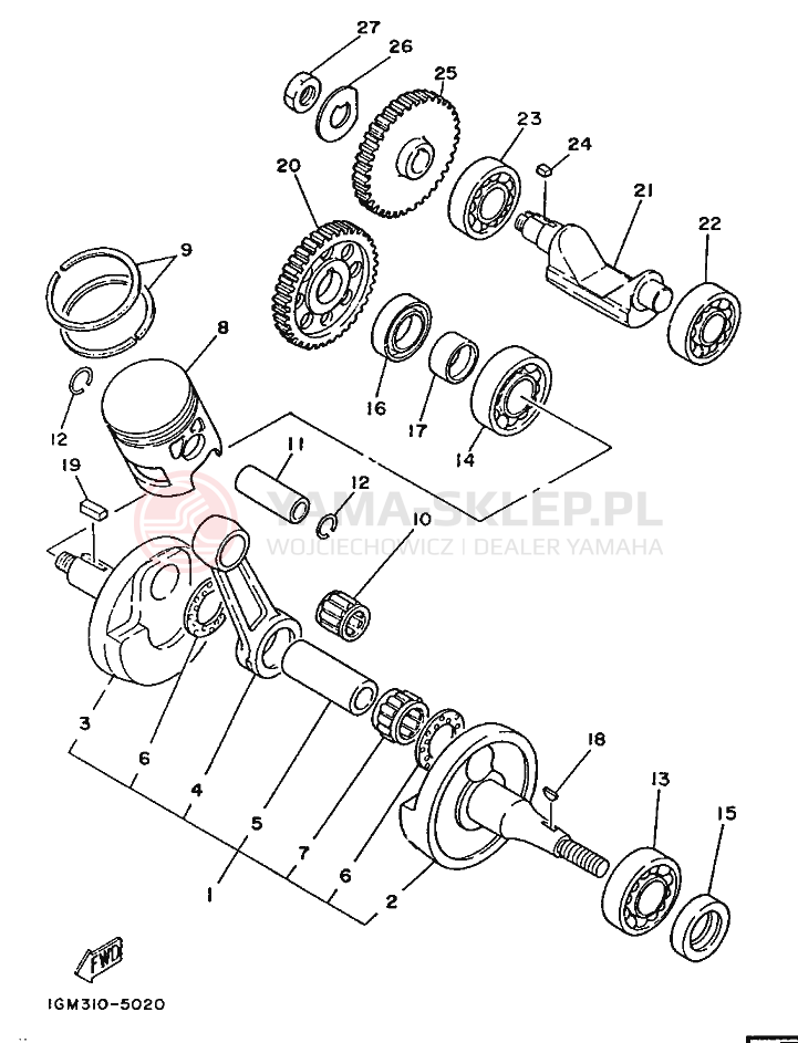 Schemat "Wał korbowy, tłok" do Yamaha DT125