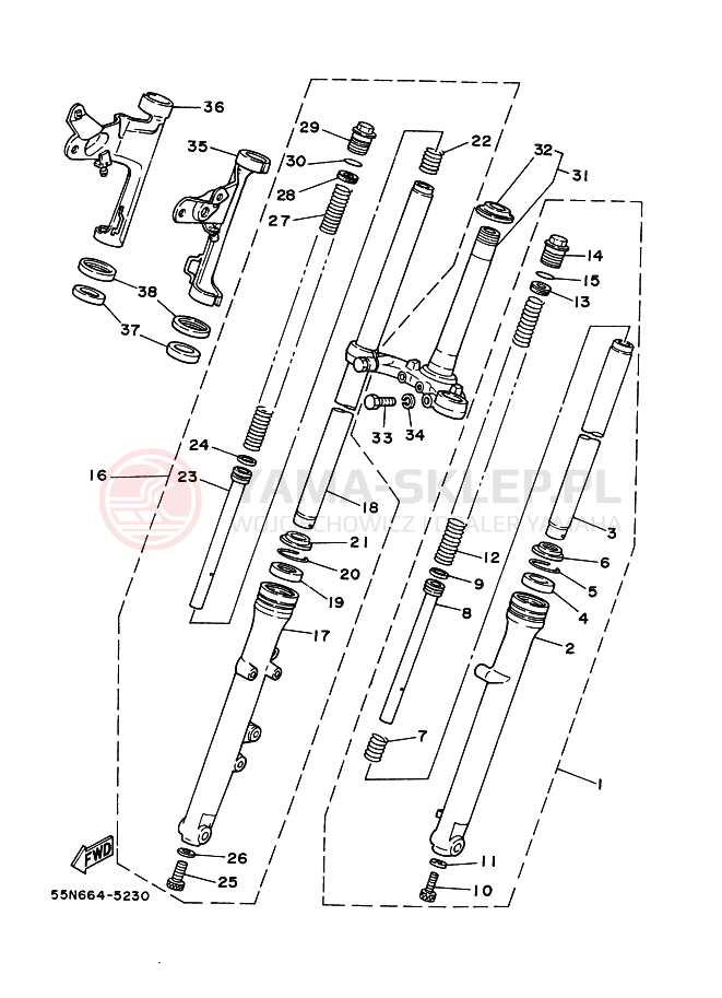 Schemat "Amortyzatory przód" do Yamaha RZ50