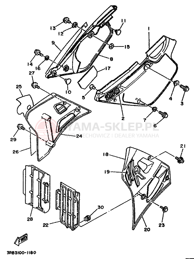 Schemat "Owiewki, pola numer., zb. oleju" do Yamaha WR250Z
