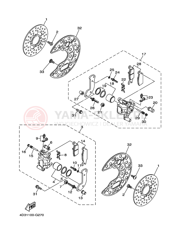 Schemat "Zacisk hamulcowy + tarcza przód" do Yamaha YFM250R