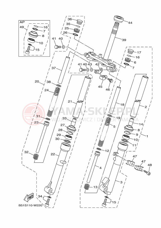Schemat "Amortyzatory przód" do Yamaha TT-R110