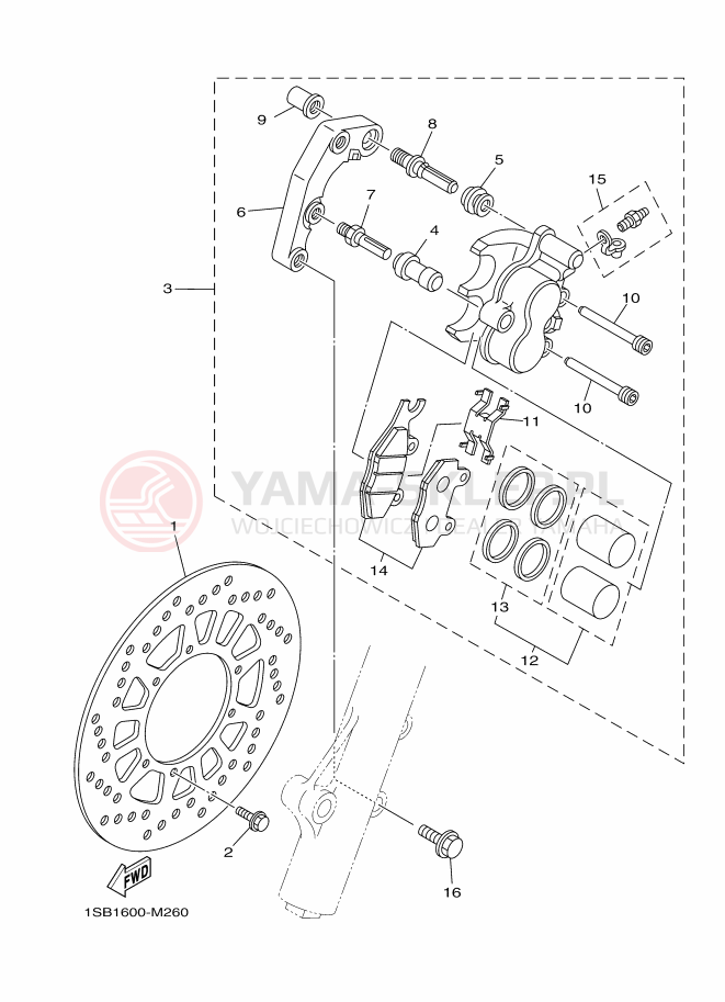 Schemat "Zacisk hamulcowy + tarcza przód" do Yamaha XTZ125E