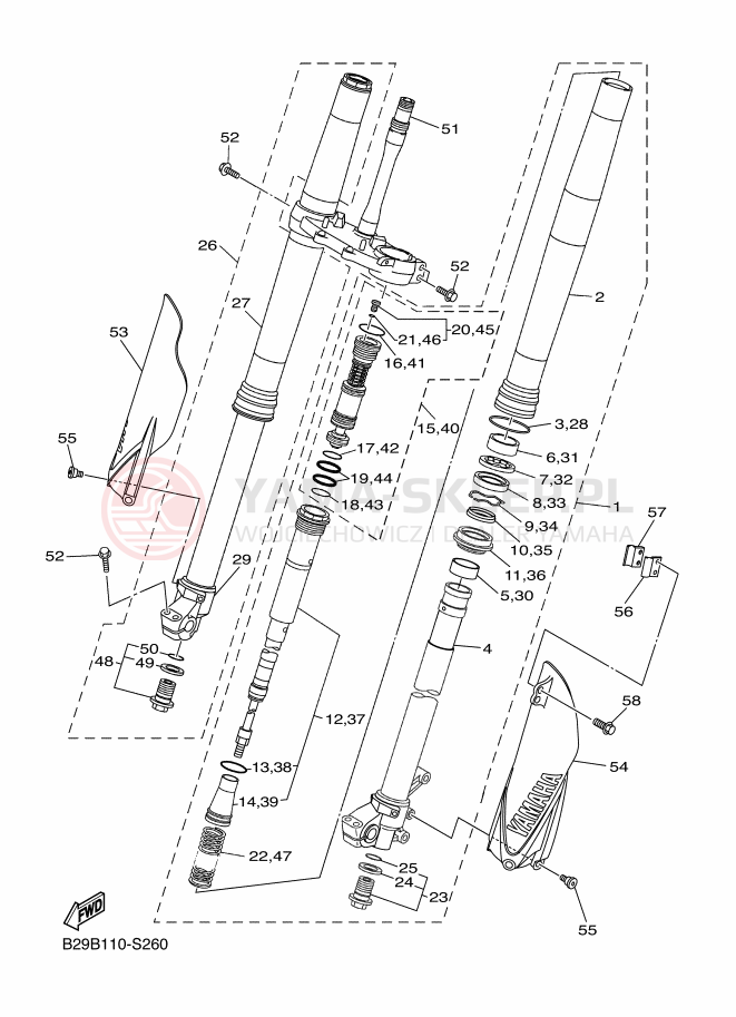 Schemat "Amortyzatory przód" do Yamaha YZ250FX