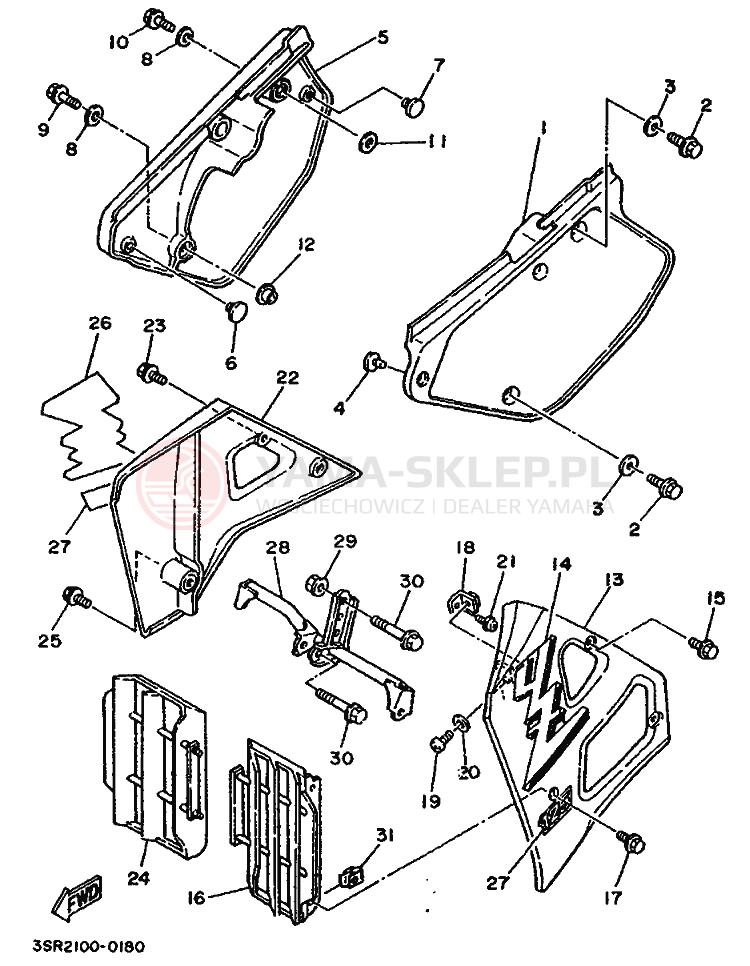 Schemat "Owiewki, pola numer., zb. oleju" do Yamaha YZ125