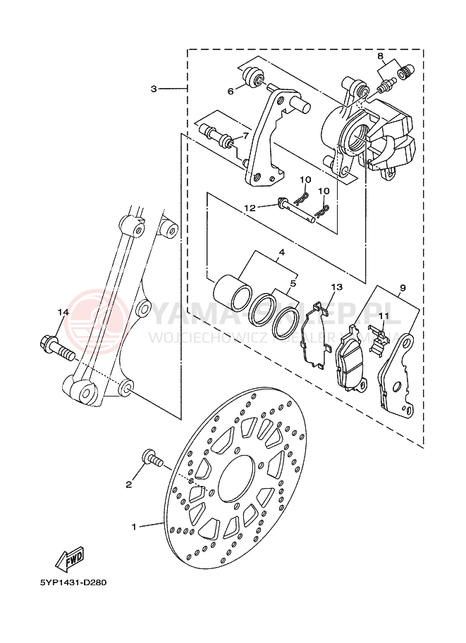 Schemat "Zacisk hamulcowy + tarcza przód" do Yamaha CRYPTON X