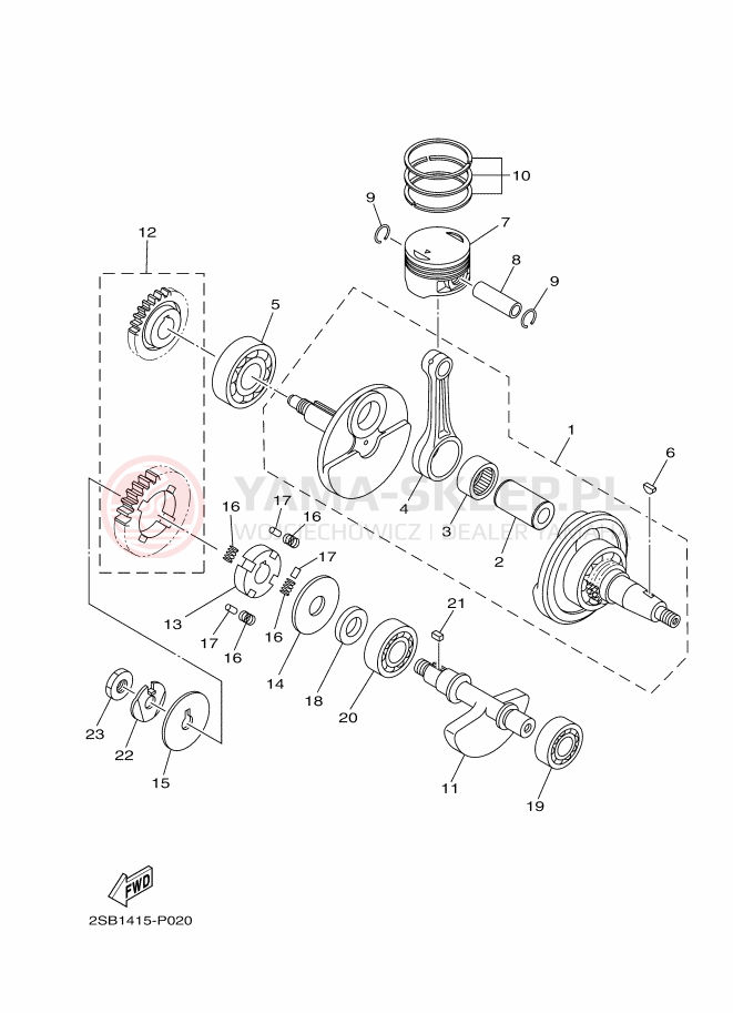 Schemat "Wał korbowy, tłok" do Yamaha YS125