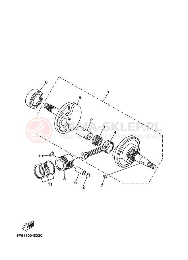 Schemat "Wał korbowy, tłok" do Yamaha TT-R50