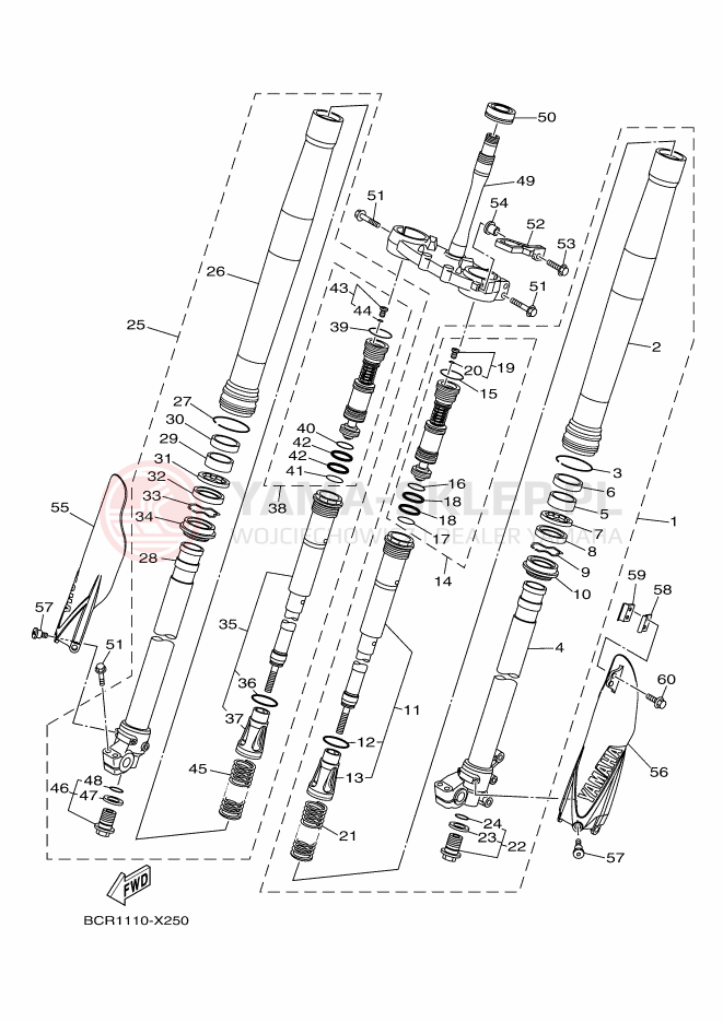 Schemat "Amortyzatory przód" do Yamaha YZ250
