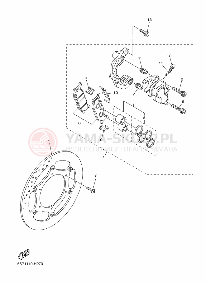 Schemat "Zacisk hamulcowy + tarcza przód" do Yamaha XVS950A