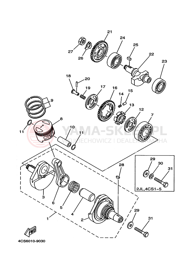 Schemat "Wał korbowy, tłok" do Yamaha TW200