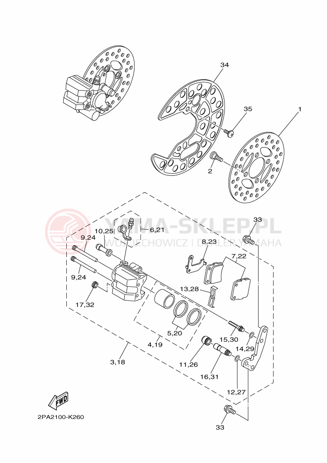 Schemat "Zacisk hamulcowy + tarcza przód" do Yamaha RAPTOR 125