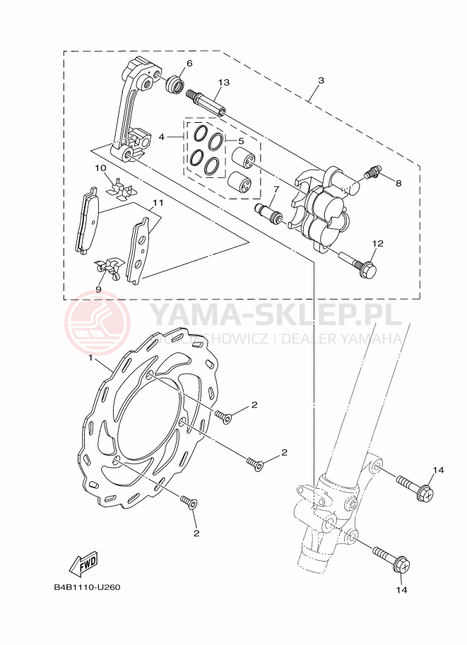 Schemat "Zacisk hamulcowy + tarcza przód" do Yamaha YZ85LW
