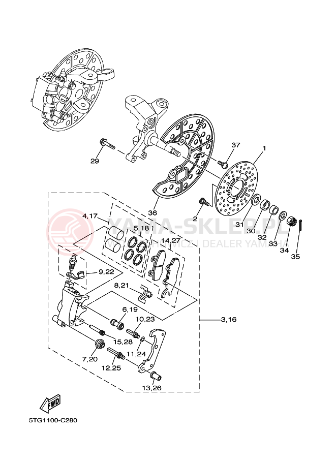 Schemat "Zacisk hamulcowy + tarcza przód" do Yamaha YFZ450T