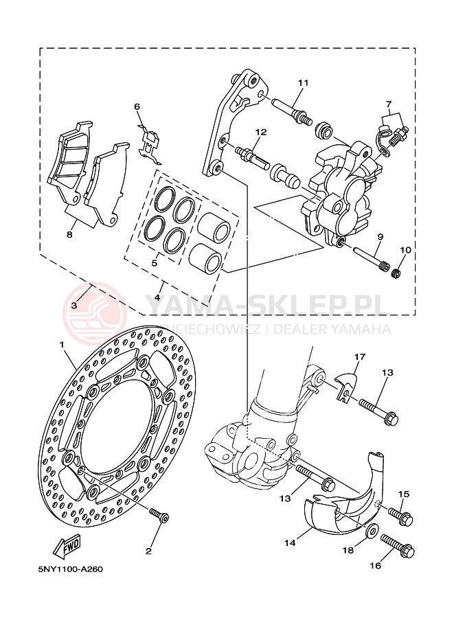 Schemat "Zacisk hamulcowy + tarcza przód" do Yamaha YZ125