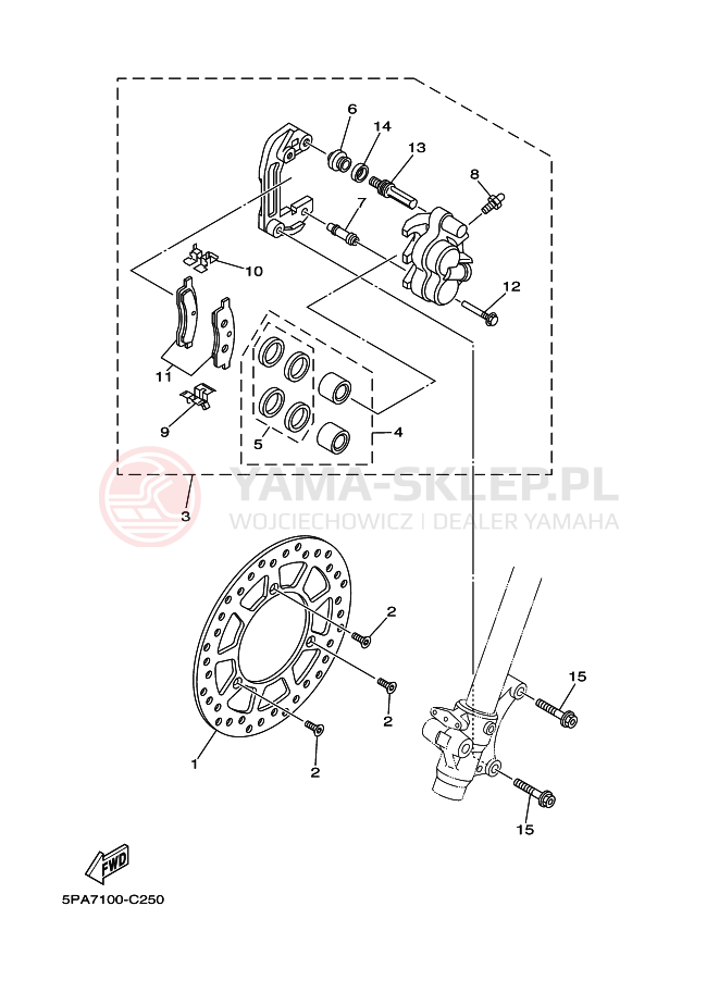 Schemat "Zacisk hamulcowy + tarcza przód" do Yamaha YZ85LW