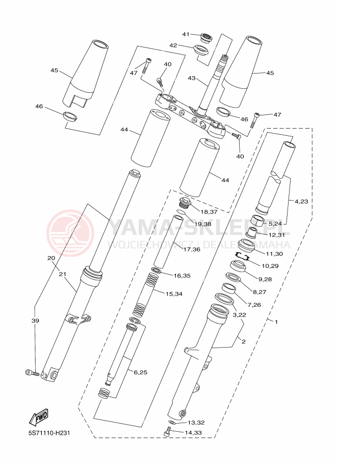 Schemat "Amortyzatory przód" do Yamaha XVS950A