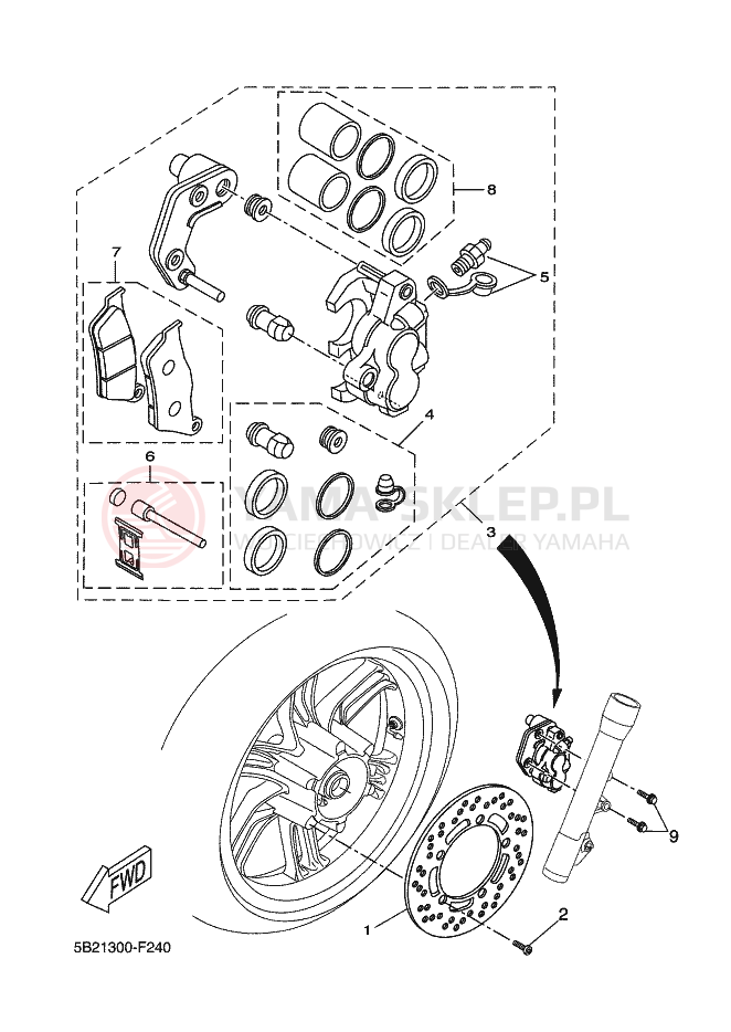 Schemat "Zacisk hamulcowy + tarcza przód" do Yamaha XCITY