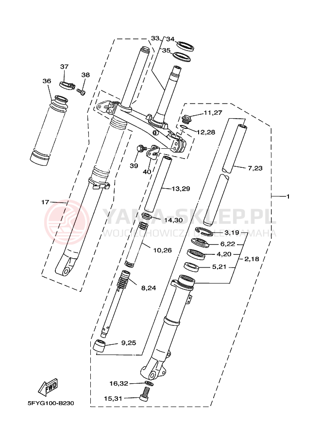 Schemat "Amortyzatory przód" do Yamaha TW200E TW200T