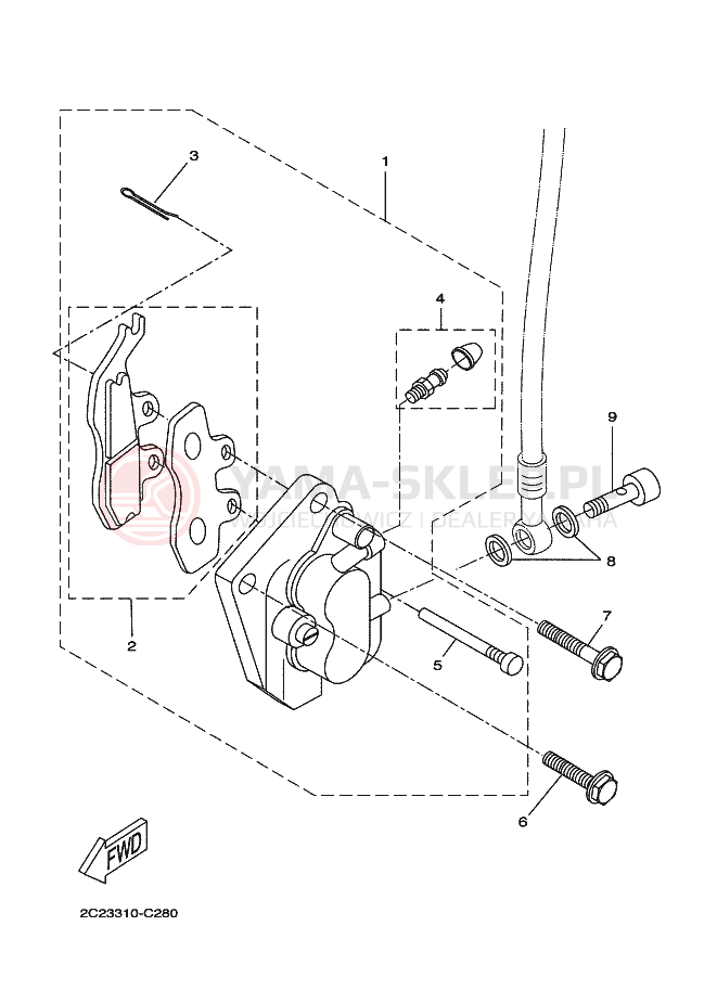 Schemat "ZACISK PRZEDNI HAMULCA 2" do Yamaha DT50X