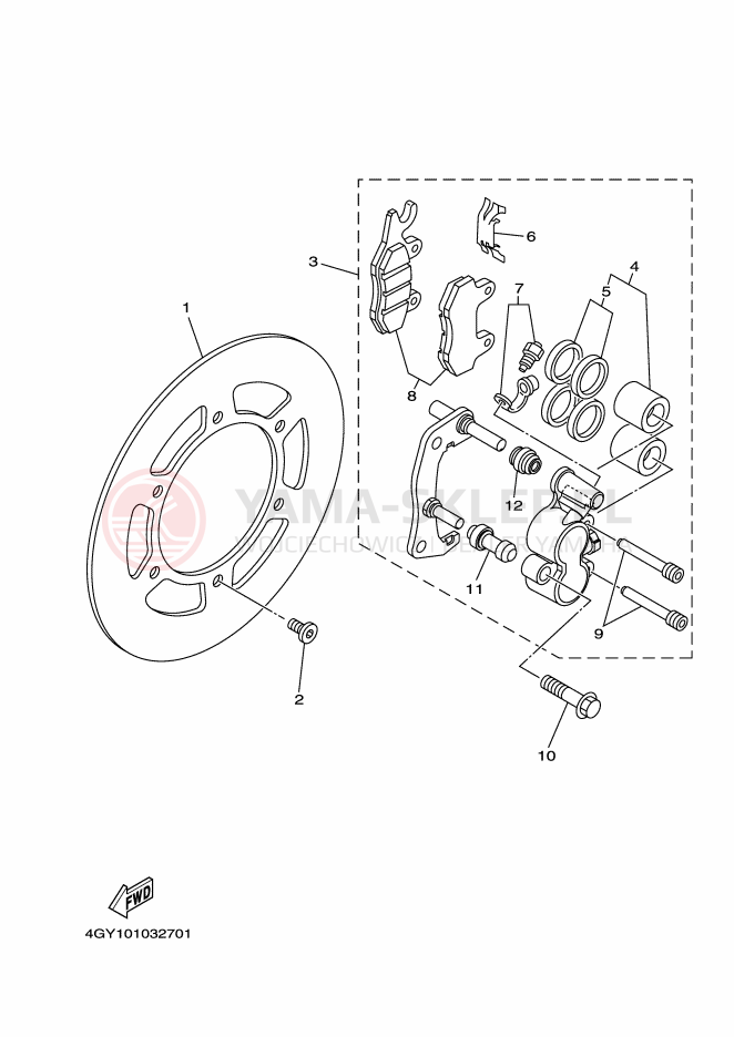 Schemat "Zacisk hamulcowy + tarcza przód" do Yamaha TT250R