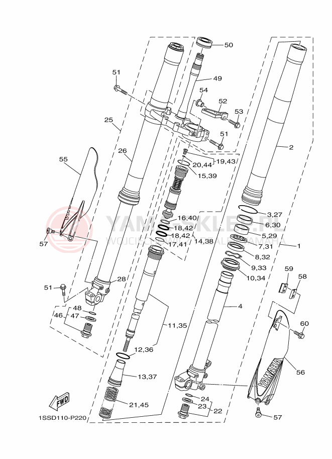 Schemat "Amortyzatory przód" do Yamaha YZ250X