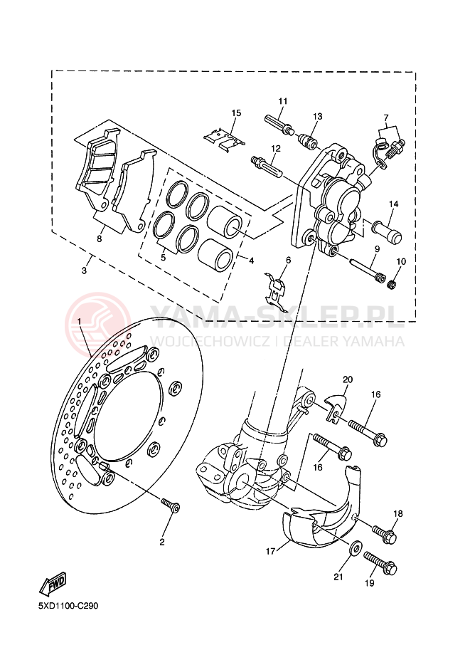 Schemat "Zacisk hamulcowy + tarcza przód" do Yamaha YZ250F