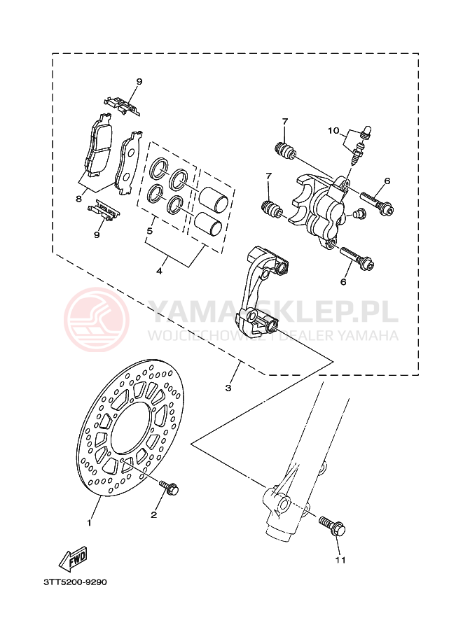 Schemat "Zacisk hamulcowy + tarcza przód" do Yamaha DT125